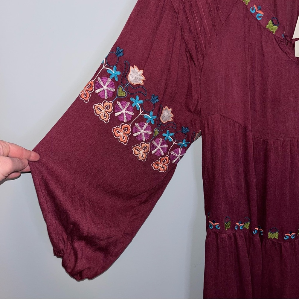 Easel Boho Burgundy Dress with Colorful Embroidery Large - Picture 3 of 8
